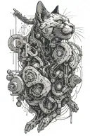 cyberpunk cat with integrated cybernetic implants reaching upward towards something  tattoo design idea