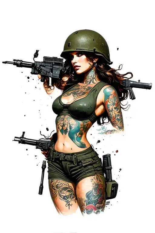 Sexy pin up girl, side profile, full body view, standing, petite, large boobs, Army helmet tattoo design idea