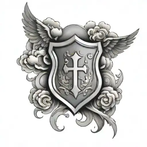 shield with cross and wings surrounded by clouds tattoo design idea