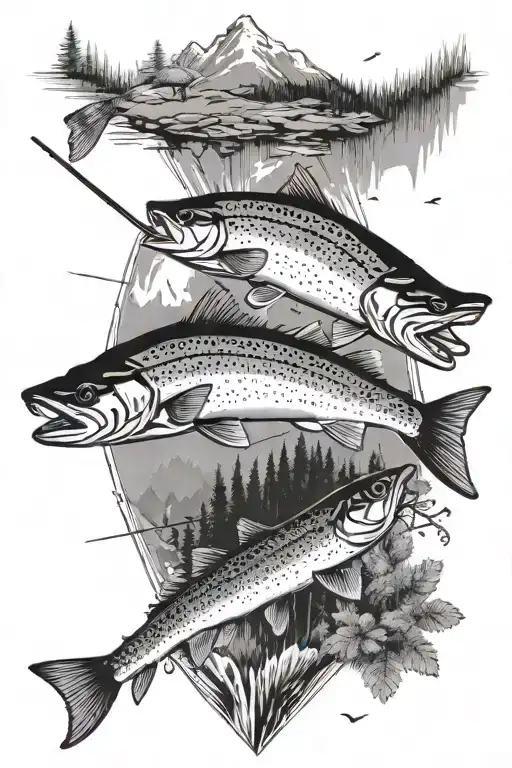 fly fishing forests and moutains aboves tattoo design idea