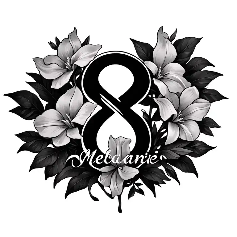 "Mélanie" Flowers of Lys with symbol of infinite and first name Mélanie tattoo design idea