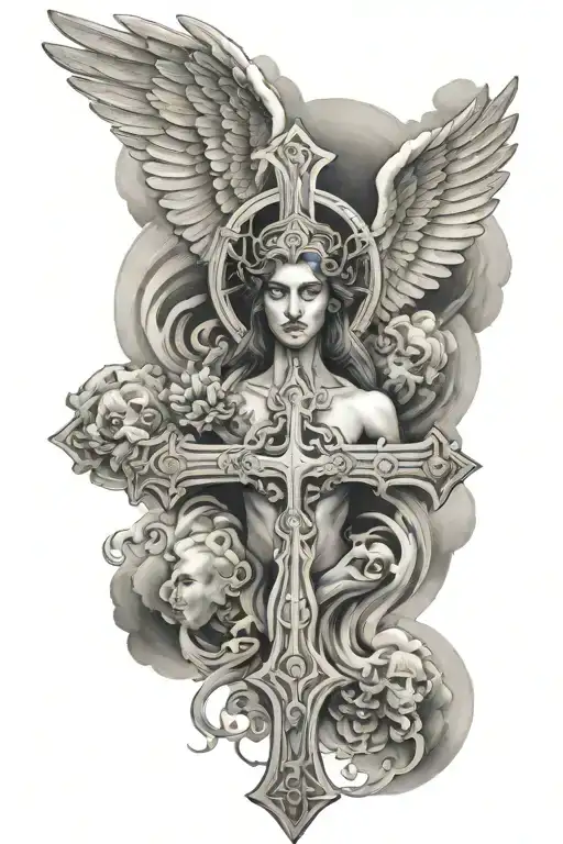 Cross, Gods face, angels, ominous clouds surrounding tattoo design idea