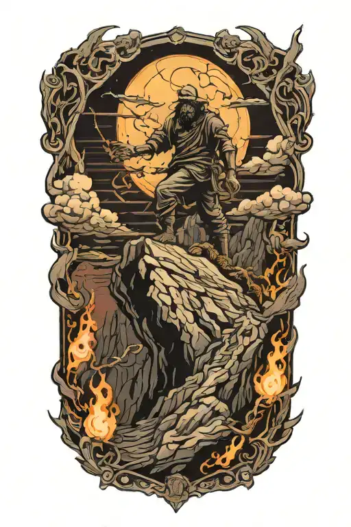 Figure climbing the Mountain of Purgatory, shadowy base below, glowing heavenly light at the top tattoo design idea