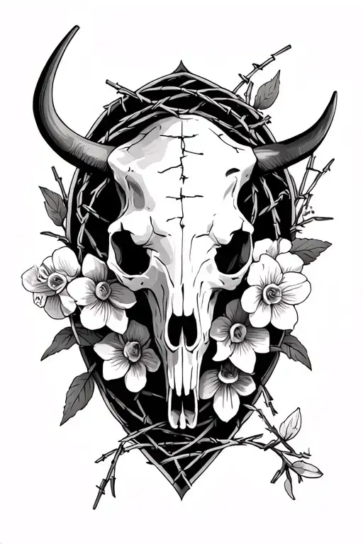 spine tattoo with barb wire with narcissus flowers and a steer skull tattoo design idea