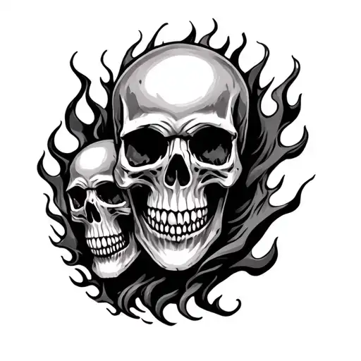 skulls and flames left arm sleeve tattoo design idea