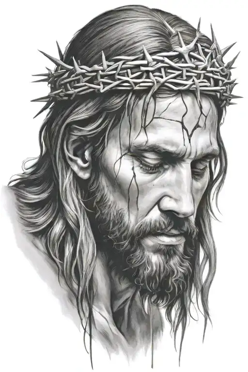 Hyper realistic portrait of Jesus Christ with a crown of thorns, looking down , compassionate expression, blood drippin  tattoo design idea