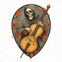 grim reaper, upright bass, roses tattoo design idea