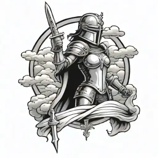 Tattoo design, Girl holding a karaoke microphone, Medieval Knight, Sky and Clouds tattoo design idea