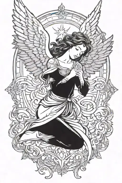 angel, female, big wings, pray hands, eyes closed, flying, view from front, full body tattoo design idea