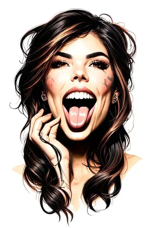 Successful woman focused on her big and sexy breasts and her face with bifurcated tongue out and piercing tattoo design idea