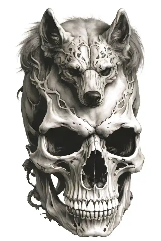 human and wolf skull hybrid creature combining elements tattoo design idea