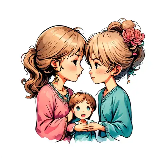 a small child with his mother and grandmother gracing him tattoo design idea