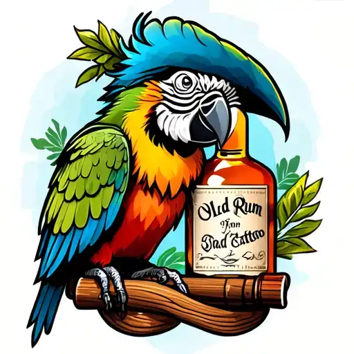 pirate parrot with old rum bottle tattoo design idea