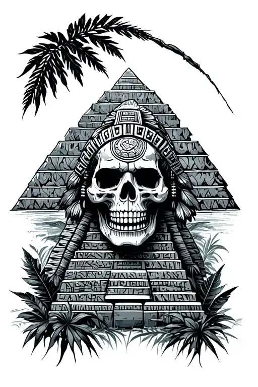 Aztec pyramid, with a jungle background native american skull tattoo design idea