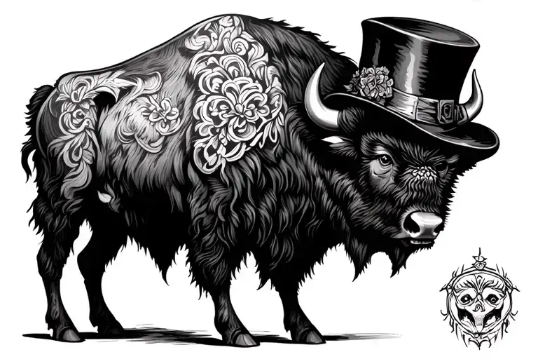 Crâne bison wearing a top hat tattoo design idea