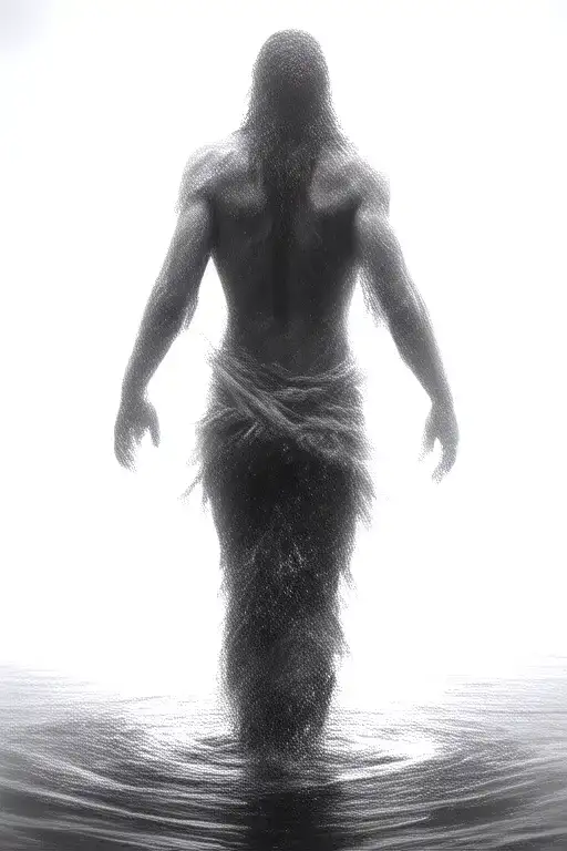 A Silhouette Of muscular Jesus Walking On Water, realistic, veiw from the back, Symbolizing Faith And Strength Tattoo tattoo design idea