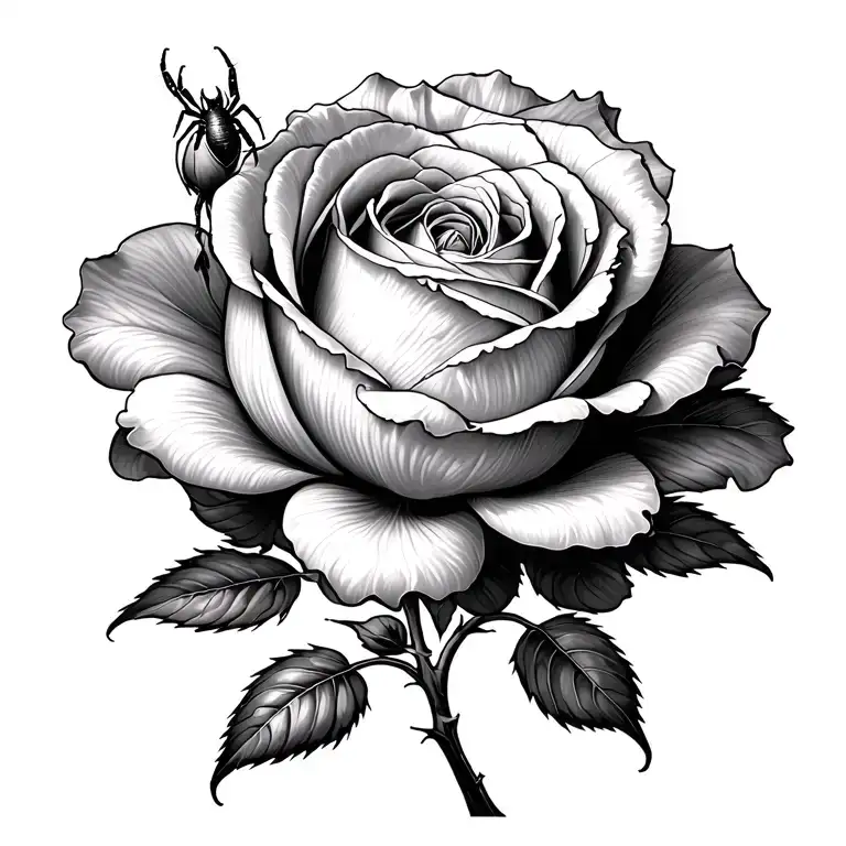 Rosa that a calbera of the petals with small spiders and cobwebs comes out in the stem tattoo design idea