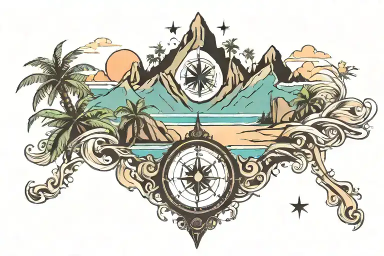 beach with palm tree, mountain with waterfall, compass with cordinate, breast cancer symbol tattoo design idea
