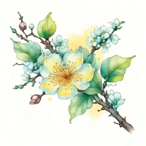 yellow Japanese apricot blossom branches and flowers and leaves on half sleeve  tattoo design idea