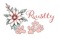flowers and pet paws with name Rusty tattoo design idea