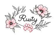 flowers and pet paws with name Rusty tattoo design idea