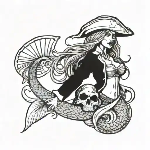 A mermaid with a pirate twist, featuring a tricorn hat and a cutlass, in the style of Pirates of the Caribbean tattoo design idea