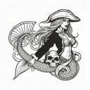 A mermaid with a pirate twist, featuring a tricorn hat and a cutlass, in the style of Pirates of the Caribbean tattoo design idea