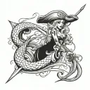 A mermaid with a pirate twist, featuring a tricorn hat and a cutlass, in the style of Pirates of the Caribbean tattoo design idea