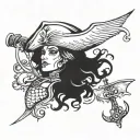 A mermaid with a pirate twist, featuring a tricorn hat and a cutlass, in the style of Pirates of the Caribbean tattoo design idea
