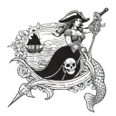 A mermaid with a pirate twist, featuring a tricorn hat and a cutlass, in the style of Pirates of the Caribbean tattoo design idea