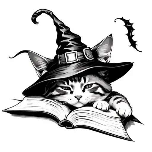 A black and white realistic tattoo design featuring a cute cat wearing a witch's hat, peacefully sleeping above a book tattoo design idea