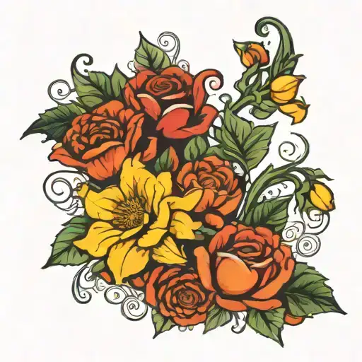 horizontal flower vine with marigolds, poppies, narcissus, morning glory, rose, and water lilies on it tattoo design idea
