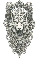 fenrir whit runes and snake, tree of life intertwined, viking axes tattoo design idea