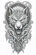 fenrir whit runes and snake, tree of life intertwined, viking axes tattoo design idea