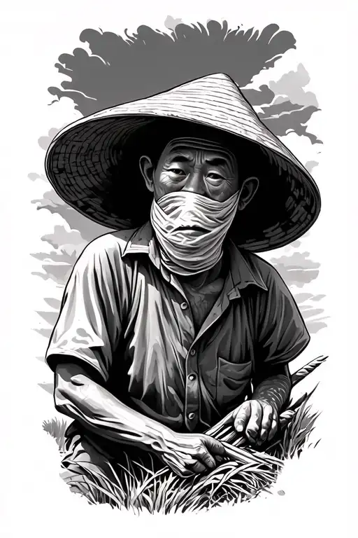 old Chinese farmer working in field with hat covering his face tattoo design idea