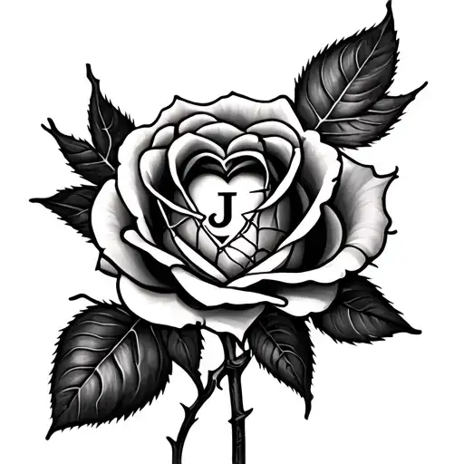 rose with spider webs inside with a heart inside with cracks and a j in the middle  tattoo design idea