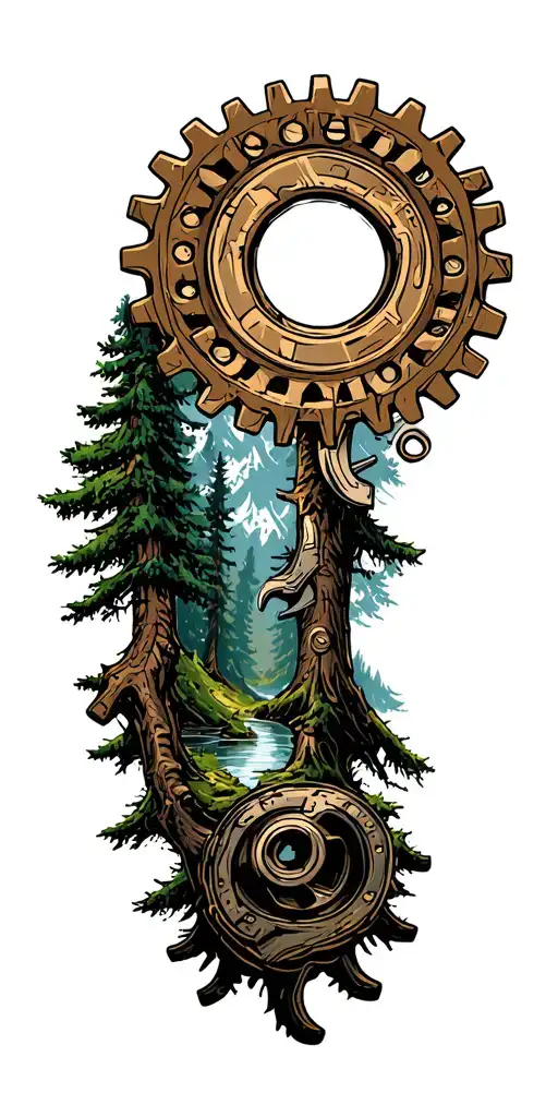 Combine elements of automotive mechanics with spiritual symbolism, like gears and wrenches forming a mandala around a serene forest scene tattoo design idea