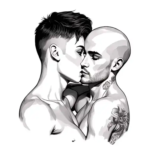 -A couple short hair and naked bald man who embrace their heads posed against each other tattoo design idea