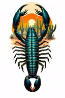 a scorpion in a dusty desert landscape filled with cacti tattoo design idea