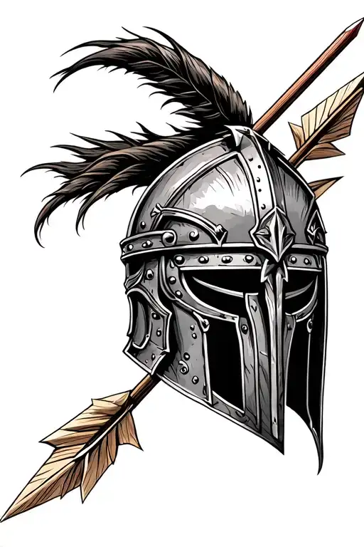 Gladiator helmet with arrow in background tattoo design idea