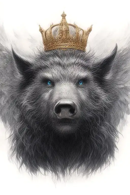 angry boar with wings wearing a crown with blue eyes tattoo design idea