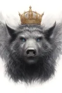 angry boar with wings wearing a crown with blue eyes tattoo design idea