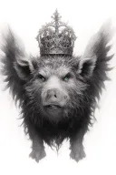 angry boar with wings wearing a crown with blue eyes tattoo design idea