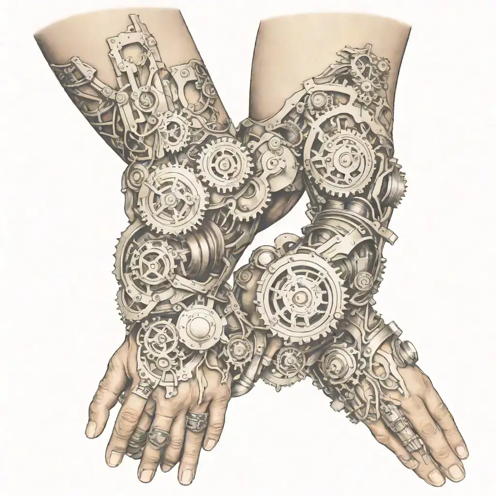 A realistic biomechanical forearm tattoo, featuring exposed metal gears, wires, and robotic parts beneath torn human skin. The design has a 3D effect with metallic details and the skin ripped to reveal the machinery underneath. tattoo design idea