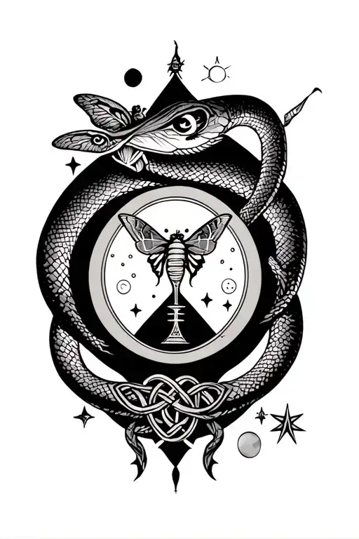 hour glass moon sun stars inside snake around top and bottom and a Celtic knot and moth near it tattoo design idea