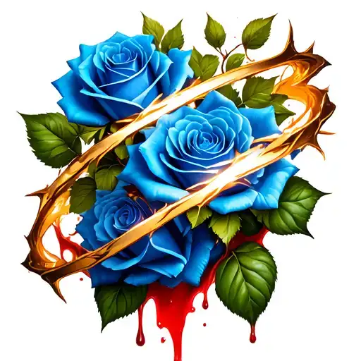 blue blooming roses thorn vines surrounding with blood two bright gold bands  tattoo design idea