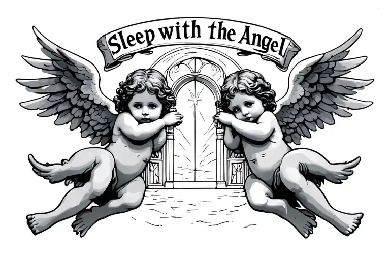 "Sleep with the angels" 2 cherubs in front of heavens gate tattoo design idea