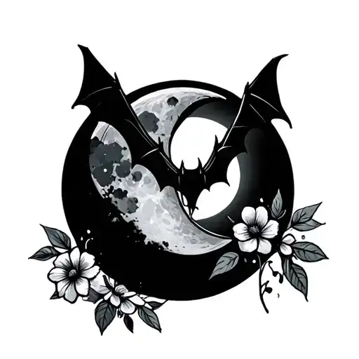 simple bat hanging on moon with flower tattoo design idea