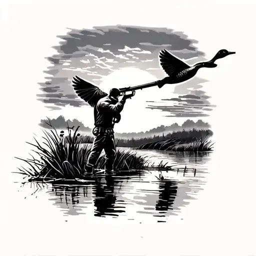 MAN SHOOTING AT DUCK FLYING AWAY WITH A HUNTING DOGSHOTGUN WETLANDS SUNSET tattoo design idea