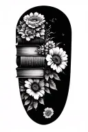stack of books behind a half sleeve of flowers tattoo design idea